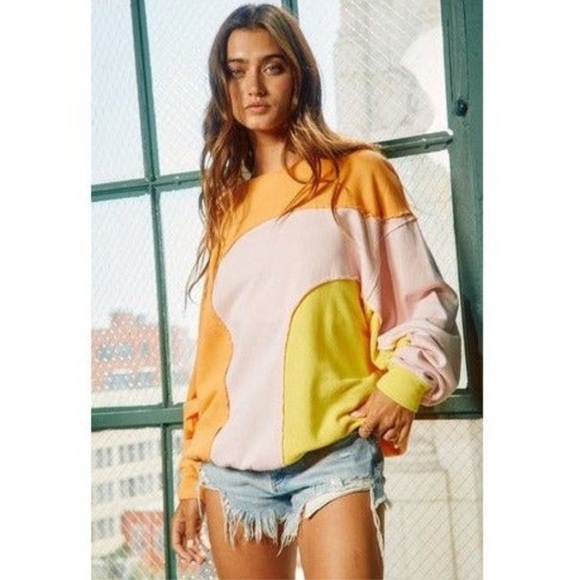 Bibi Color Block Fleece Pullover Women’s L Ivory Peach Yellow Long Sleeve - Picture 1 of 7